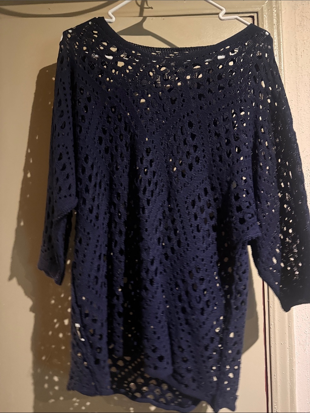 SHEIN Navy Openwork Off-the-Shoulder Knit Sweater